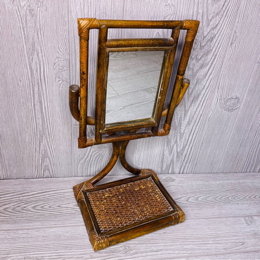 Vintage rattan Bamboo Tabletop Adjustable Pedestal Mirror vanity decor mcm